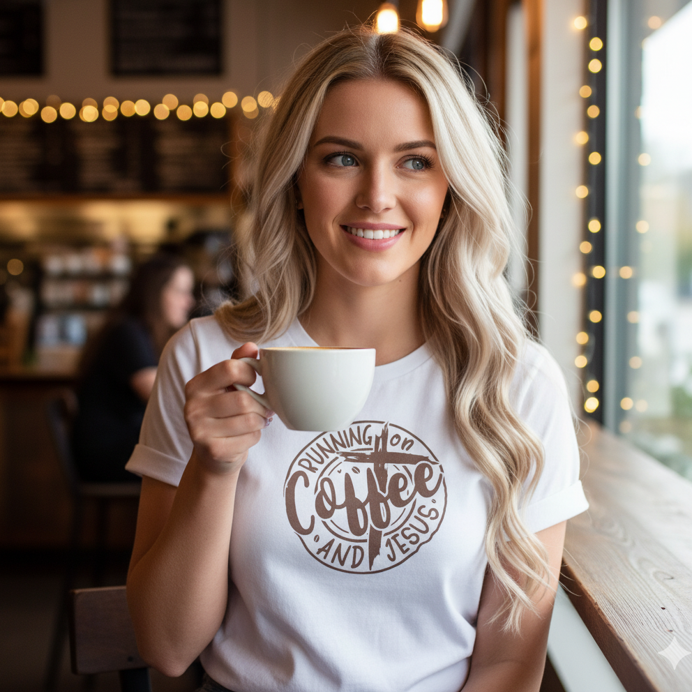Woman holding a coffee cup in a cozy cafe setting
